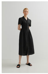 Tailored Linen Shirt Dress with Short Sleeves and Button Front
